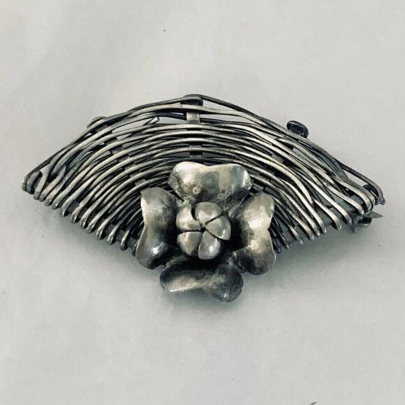 Vintage Sterling Silver BASKET WEAVE Flower Fan Brooch - Picture 1 of 4
